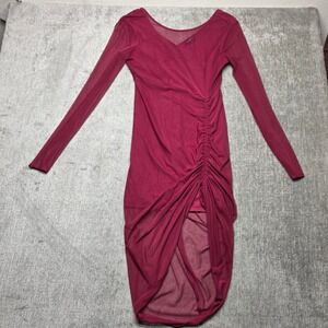 Bebe Wine Mesh Ruched Bodycon Midi Dress Long Sleeve V Neck Sheer